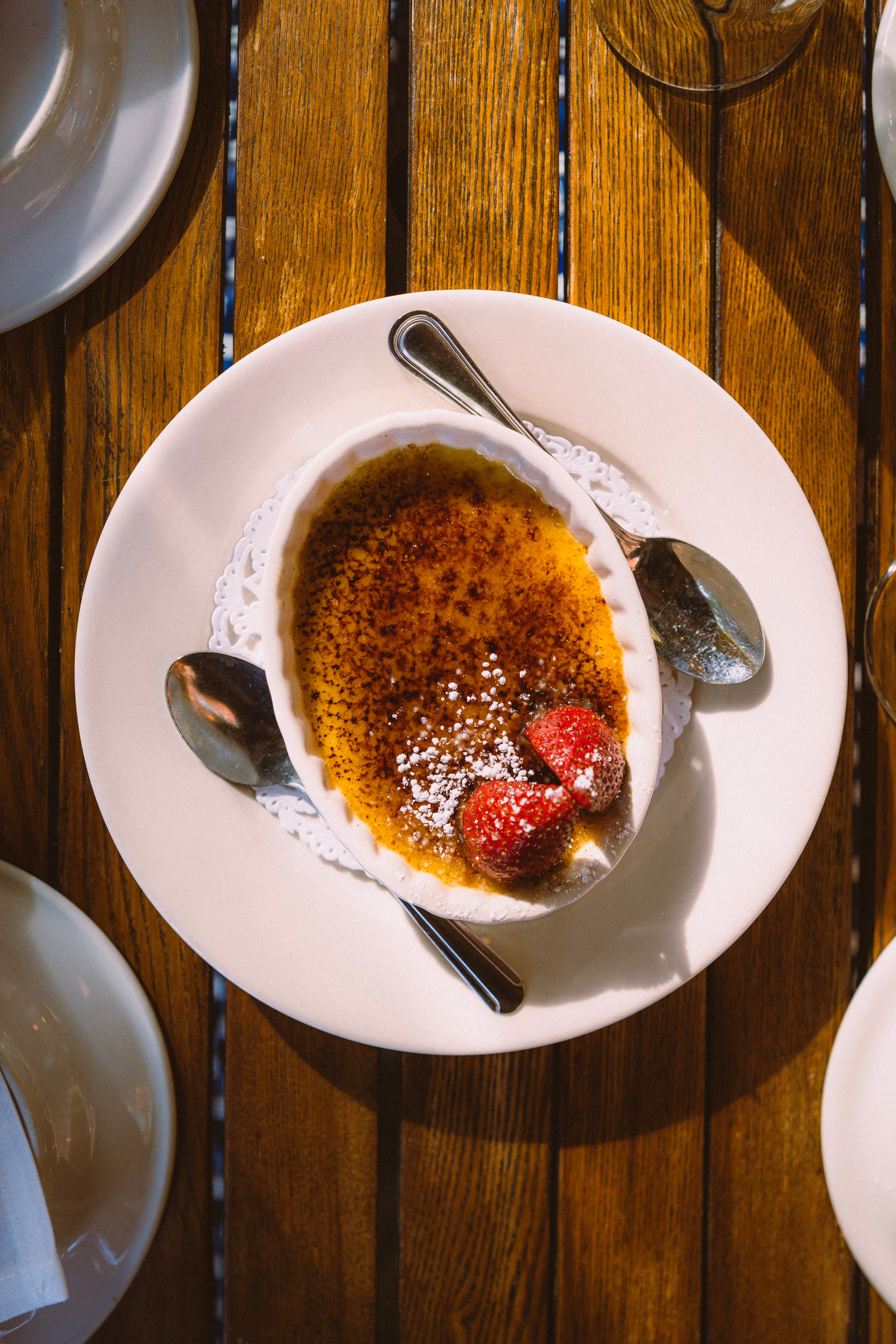 Crème brûlée with raspberries, seen from above