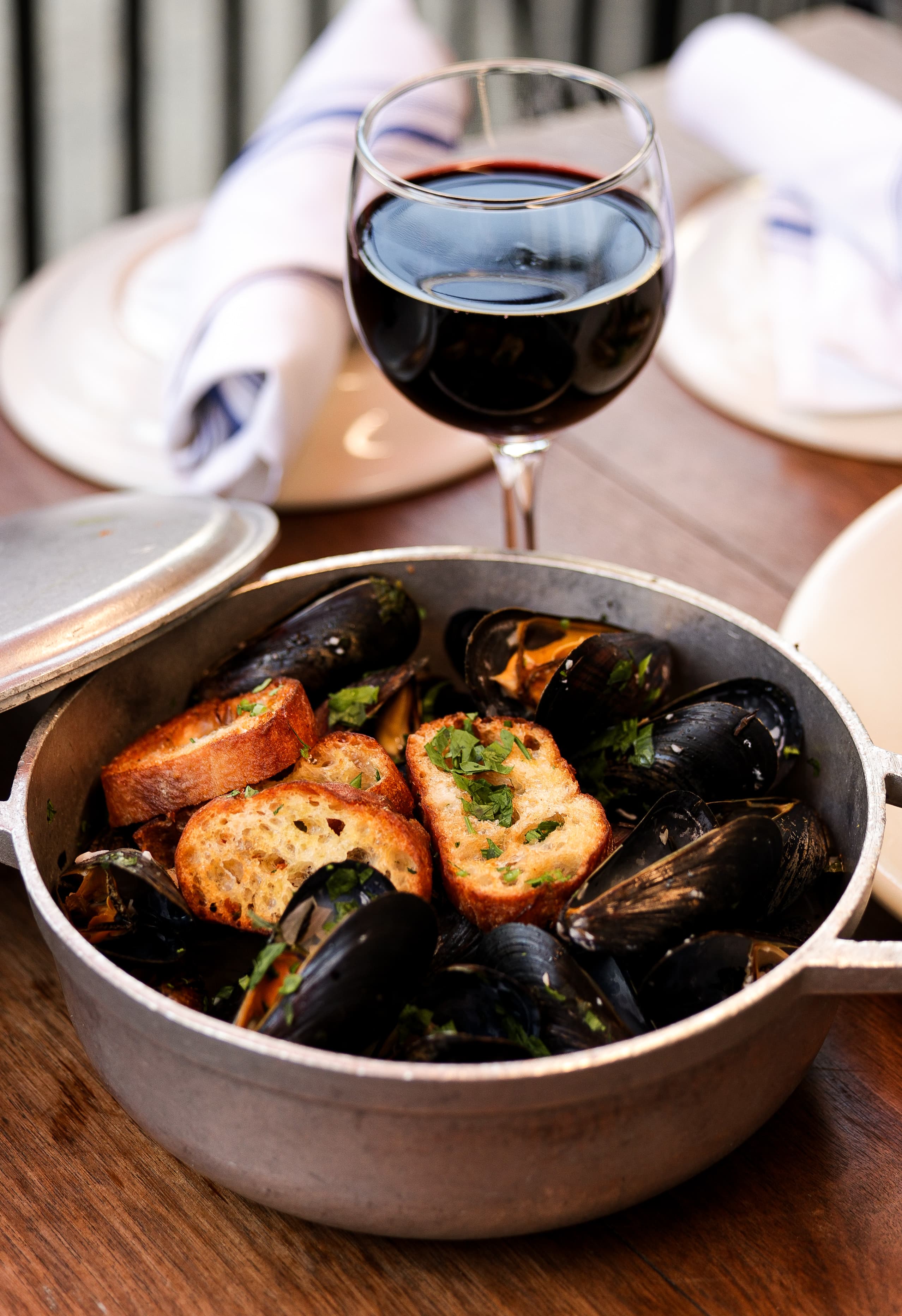 Moules Marinière with garlic bread